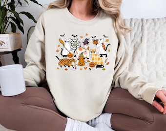 Halloween Katze Sweatshirt, gruselige Hexe Kitty T-Shirt, Herbst Katze Liebhaber Shirt