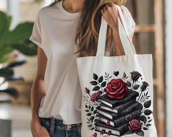 Gothic Rose & Books Tote Bag: Dark Academia Bookish Gift