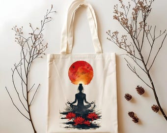 Chakra Yoga Tote Bag: Meditating Woman, Lotus Flower Art