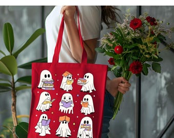 Ghost Reading Book Tote Bag, Spooky Bookish Halloween Canvas Bag