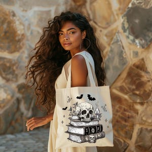 Dark Gothic Skull Books Tote Bag, Spooky Witchy Aesthetic, Halloween Horror Book Lover Gift, Occult Vintage Style Canvas Bag
