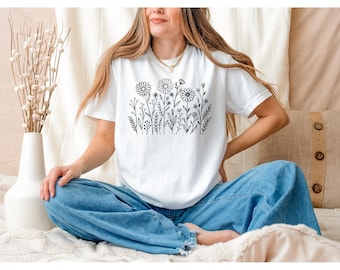 Comfort Colors Wildflower T-Shirt: Botanical Line Art Graphic Tee