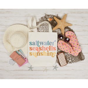 Saltwater Seashells Sunshine Tote Bag, Retro Beach Bag, Colorful Summer Canvas Bag, Coastal Vibes Gift, Ocean Lover Tote Bag