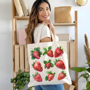 Strawberry Tote Bag Strawberry Lover Gift Spring Tote Shopper Summer Bag Eco Friendly Bag Reusable Grocery Tote Cute Tote Farmers Market Bag