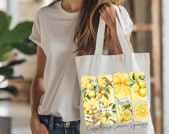 Lemon Print Canvas Tote Bag: Yellow Summer Market Bag