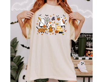 Komfort Farben Halloween Katze T-Shirt: Lustiger Geist, Kürbis Hexe Kitty Tee
