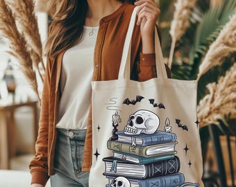 Gothic Skull Books Tote Bag: Witchy Halloween Canvas Bag