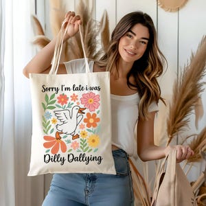 Funny Duck Canvas Tote Bag: Floral Dilly Dallying Quote