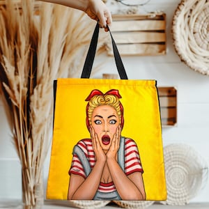 Retro Pop Art Tote Bag, Vintage Comic Style Bag, Bold Colorful Canvas Tote, Pinup Girl Shopper Bag, 50s Inspired Gift Bag, Mother&#39;s Day Gift
