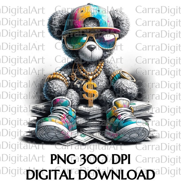 Graffiti Hip Hop Teddy Bear Clipart PNG, Urban Streetwear T-shirts Design, Digital Download Sublimation, Cool Bear with Sunglasses