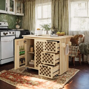 3D woven checkerboard pattern kitchen island, kitchen cart with folding plates, rolling dining island with wheels, suitable for kitchen,etc.