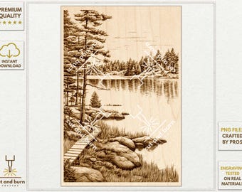 PNG Files Made for Laser Engrave | Lake, River, Water, Forest, Trees, Woodland, Wood, Landscape, Path, Trail, Rocks, National Park, Wall Art