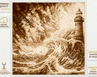 PNG Files Made for Laser Engrave | Sea, Lighthouse, Storm, Ocean, Marine, Waves, Maritime, Nautical, Naval, Sailor, Sailing, Cliff, Square