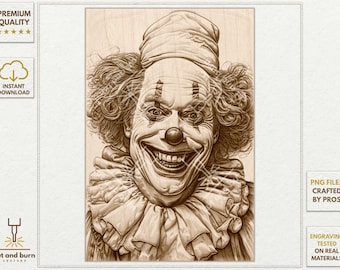 Circus, Scary Clown Portrait Laser Burn PNG for 3D Illusion Engrave, Laser Ready, Digital Design File, Jarvis, Grayscale