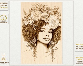 PNG Files Made for Laser Engrave | Girl, Woman Portrait, Wreath, Floral, Flowers, Model, Bride, Best Girl, Curly Hair, Beautiful, Cute, Boho