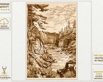 PNG Files Made for Laser Engrave | Lake, River, Mountains, Mountain, Water, Forest, Trees, Woodland, Wood, Landscape, Wild, Rocks, Wall Art