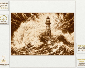 Archivos PNG hechos para grabado láser / Mar, Faro, Tormenta, Océano, Marino, Olas, Marítimo, Náutico, Naval, Marinero, Vela, Acantilado, Panorama