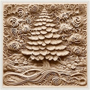May include: A detailed wood carving of a pine tree with swirling patterns around it. The carving is in shades of brown and beige.