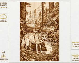 PNG Files Made for Laser Engrave | Wolf, WildLife, Landscape, Forest, Wood, Nature, River, Ethnic, Stream, Trees, Woodland, Twilight, Stream
