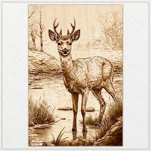 May include: A wood-carved image of a deer standing in a stream. The deer is brown and has large antlers. The background is a forest scene with trees and leaves.