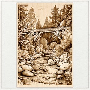 Op de afbeelding: Een met hout gebrand beeld van een stenen brug over een rivier met bomen aan beide kanten. De afbeelding is in tinten bruin en wit.