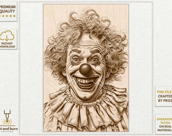 Scary Clown PNG portrait, Circus Laser Burn PNG for 3D Illusion Engrave, Laser Ready, Digital Design File, Jarvis Engrave PNG, Grayscale