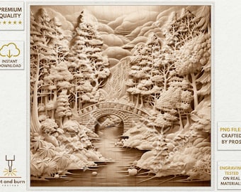 Archivos de grabación láser para grabado de ilusión 3D, listo para láser, archivo de diseño digital PNG, paisaje de bosque de invierno, puente sobre el río