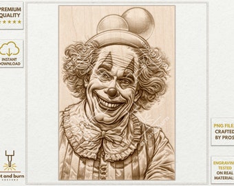 Clown, Scary Circus, Clown Portrait Laser Burn PNG for 3D Illusion Engrave, Laser Ready, Digital Design File, Jarvis Engrave PNG, Grayscale