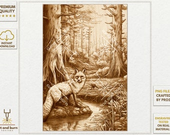 PNG Files Made for Laser Engrave | Fox, Red Fox, WildLife, Landscape, Forest, Wood, Nature, Stream, Ethnic, Tree, Wild Animals, Woodland