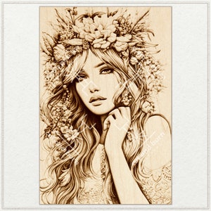 PNG-Dateien für die Lasergravur | Porträt, Mädchen, Frau, Kranz, Blumen, Blumen, Modell, Braut, bestes Mädchen, langes Haar, schön, niedlich, Boho