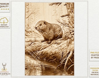PNG Files Made for Laser Engrave | Castor, Beaver, Pond River, WildLife, Landscape, Forest, Woodland, Nature, Lake, Ethnic, Tree, Wilderness