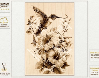 PNG Files Made for Laser Engrave | Hummingbird, Bird, Hibiscus, Humming-bird, Flower, Plant, Bird Art, Animal, Botanical, Vertical Decor