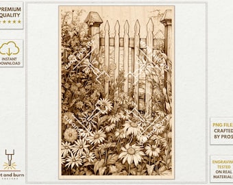 PNG Files Made for Laser Engrave | Garden, Flowers, Wildflower, Wild Plants, Floral, Spring, Summer, Meadow, Village, Countryside, Old Fence