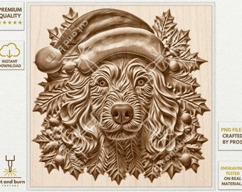 Laser Burn PNG for 3D Illusion Engrave, Laser Ready, Digital Design File, Christmas Spaniel, Winter Dog