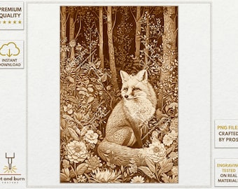 Picture Prepared for Laser Engraving - Wall Hanging DIY | Fox, Flowers, Tree, Wild Animal, Bloomy Spring, Forest, Wood, Nature, Ethnic, Boho