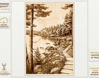PNG Files Made for Laser Engrave | Lake, River, Water, Forest, Trees, Woodland, Wood, Landscape, Wild, Camp, Rocks, Path, Lake, Wall Art