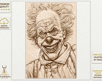 Scary Clown, Horror Circus, Clown Portrait Laser Burn PNG for 3D Illusion Engrave, Laser Ready, Digital Design File, Jarvis, Grayscale