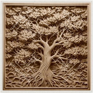 May include: A detailed, intricately carved wooden wall art piece depicting a tree with a thick trunk and branches, surrounded by leaves. The carving is in a light brown color and has a textured surface.