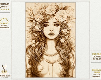 PNG Files Made for Laser Engrave | Woman, Girl, Potrait, Wreath, Floral, Flowers, Model, Bride, Best Girl, Curly Hair, Beautiful, Cute, Boho