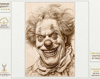 Clown, Horror Circus, Clown Portrait Laser Burn PNG for 3D Illusion Engrave, Laser Ready, Digital Design File, Jarvis, Grayscale