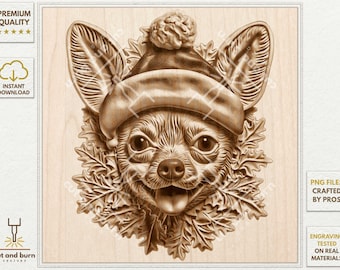 Laser Burn PNG for 3D Illusion Engrave, Laser Ready, Digital Design File, Christmas Chihuahua, Winter Dog
