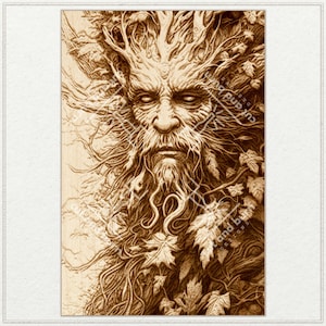 May include: A detailed wood carving of a green man's face surrounded by leaves and branches. The carving is in a light brown color and has a rustic, natural look.