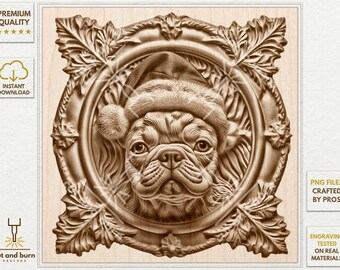 Laser Burn Dog PNG for 3D Illusion Engrave, Laser Ready, Digital Design File, Christmas Bulldog in Santa's Hat