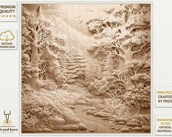 Laser Burn Files winter forest river for 3D Illusion Engrave, Laser Ready, Digital Design File PNG, Winter Landscape, christmas