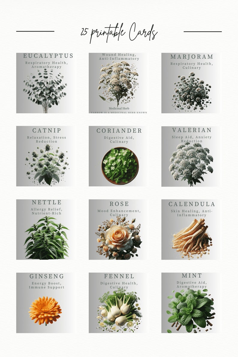 25 Printable Herbs and Medicinal Plant Guide Cards With Names, Uses