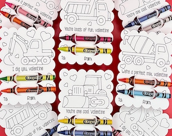 Construction Truck Valentine Coloring Cards with Crayons, Candy Free Valentine for Vehicle Lover