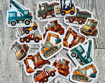 May include: A set of 12 colorful construction vehicle stickers. The stickers feature a variety of vehicles, including a dump truck, a crane, a bulldozer, and a backhoe. The stickers are perfect for adding a touch of fun to any project.