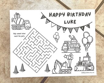Tapete de atividades de aniversário com tema de construção, desenho para colorir de caminhão, jogo americano personalizado com veículo (download em PDF)