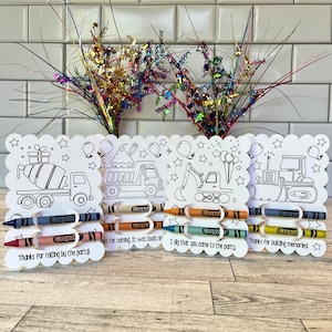 Construction Party Favor: Dump Truck, Excavator, Cement Mixer, and Bulldozer Kids Vehicle Birthday Goodie Bags with Crayons