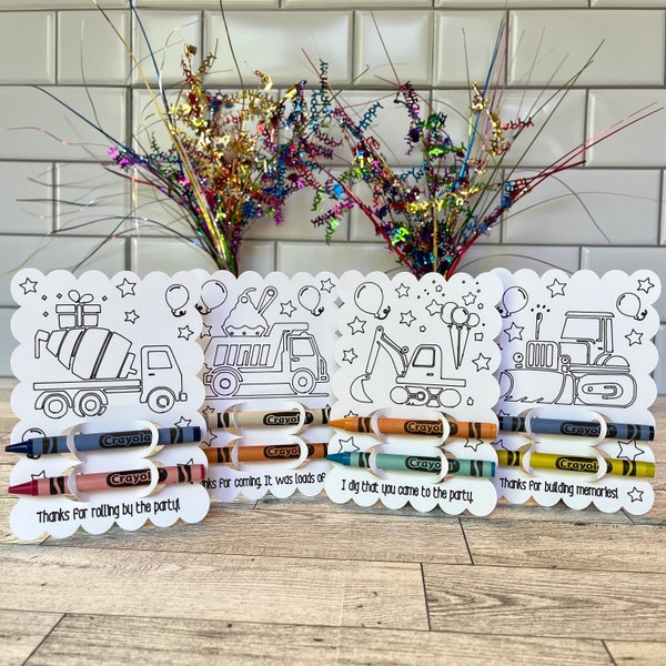 Construction Party Favor: Dump Truck, Excavator, Cement Mixer, and Bulldozer Kids Vehicle Birthday Goodie Bags with Crayons